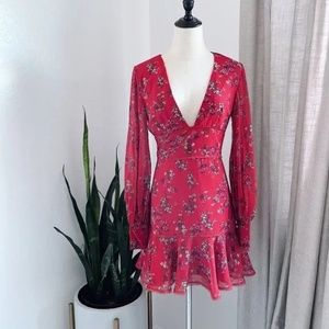 KEEPSAKE THE LABEL Heart and Soul Red Floral Ruffle Long Sleeve Mini Dress XS